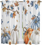 Navy Blue Pumpkin Fall Window Curtains 63 Inch Long 2 Panel Set, Rod Pocket Bedroom Curtains & Drapes, Thanksgiving Maple Leaves Branches Light Filtering Window Treatment for Living Room 42"W x 63"L