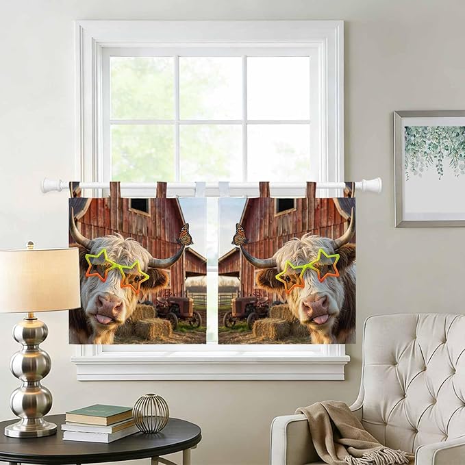 Farm Yaks Kitchen Curtains 36 Inch Length, Small Window Curtains Tab Top, Farmhouse Barn Funny Animals Butterfly Light Filtering Short Window Treatments Tier Drapes 27.5"x36" 2 Panel