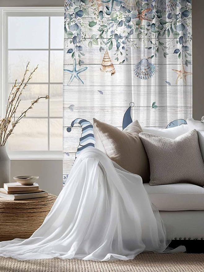 Sheer Curtains 72 Inches Long, Coastal Eucalyptus Leaf Semi Sheer Curtains Light Filtering Window Treatment, Ocean Blue Gnomes Starfish Wood Grain Privacy Voile Drapes for Living Room 52x72 Inch