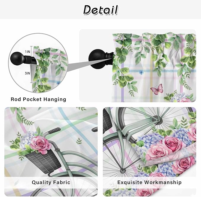 Spring Kitchen Curtains, Bicycles Botanical Leaves Rose Colorful Stripes Light Filtering Window Curtain Panels, 2Pcs Rod Pocket Window Treatments Set for RV Dining Room Study Room 42x45 Inches