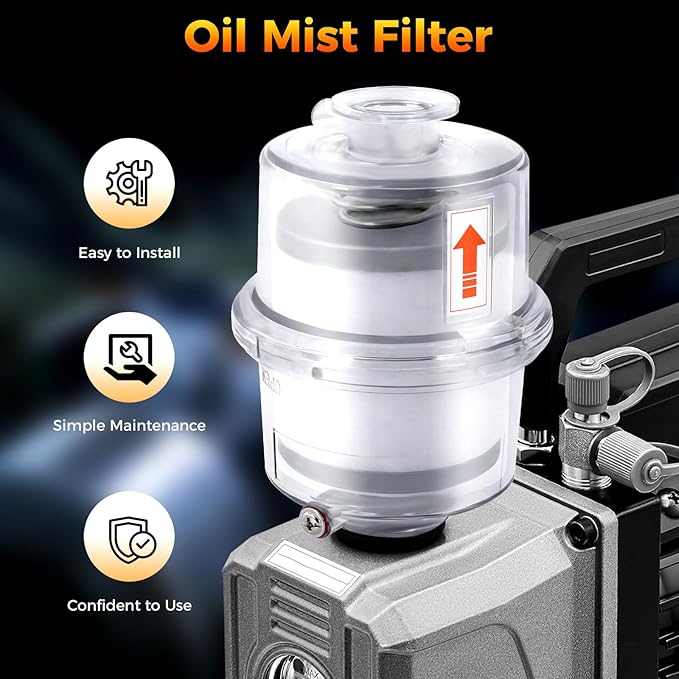 Oil Mist Filter, KF25 Vacuum Pump Exhaust Filter, 95% Efficiency Oil Mist Separator, Clear PC Body, Glass Fiber Element, 1.6" Port, 15.75" Drain Pipe, for CNC, Lab, Industrial, Compact 4.1"×5.6"