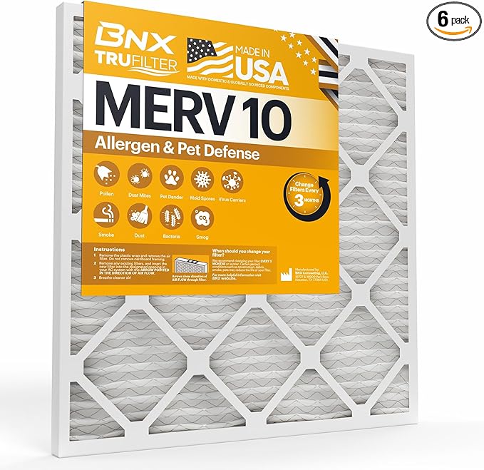 BNX TruFilter 20x25x1 MERV 10 (6-Pack) AC Furnace Air Filter - MADE IN USA - Pleated Air Conditioner HVAC AC Furnace Filters - Removes Odor, Mold, Bacteria, Smoke