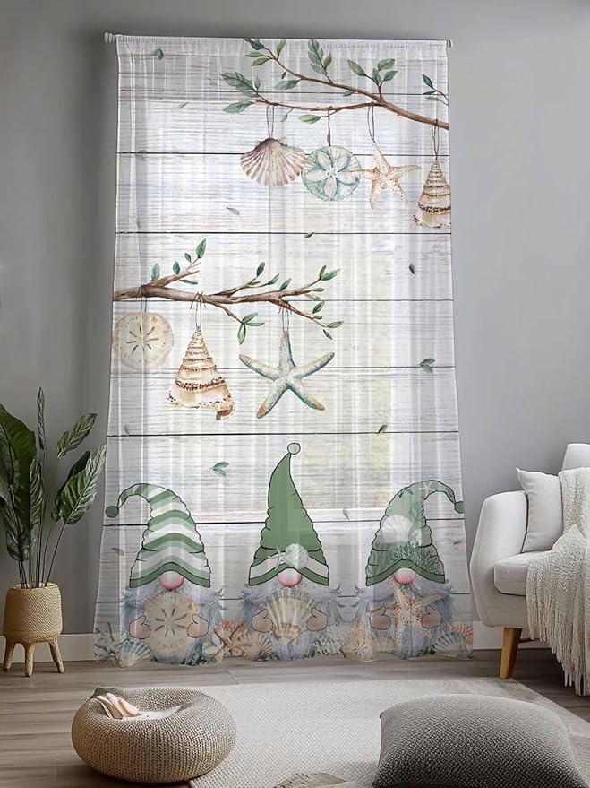 Sheer Curtains 96 Inches Long, Sage Green Gnomes Semi Sheer Curtains Light Filtering Window Treatment, Eucalypus Coastal Anchor Retro Wood Privacy Voile Drapes for Living Room Bedroom 52x96 Inch