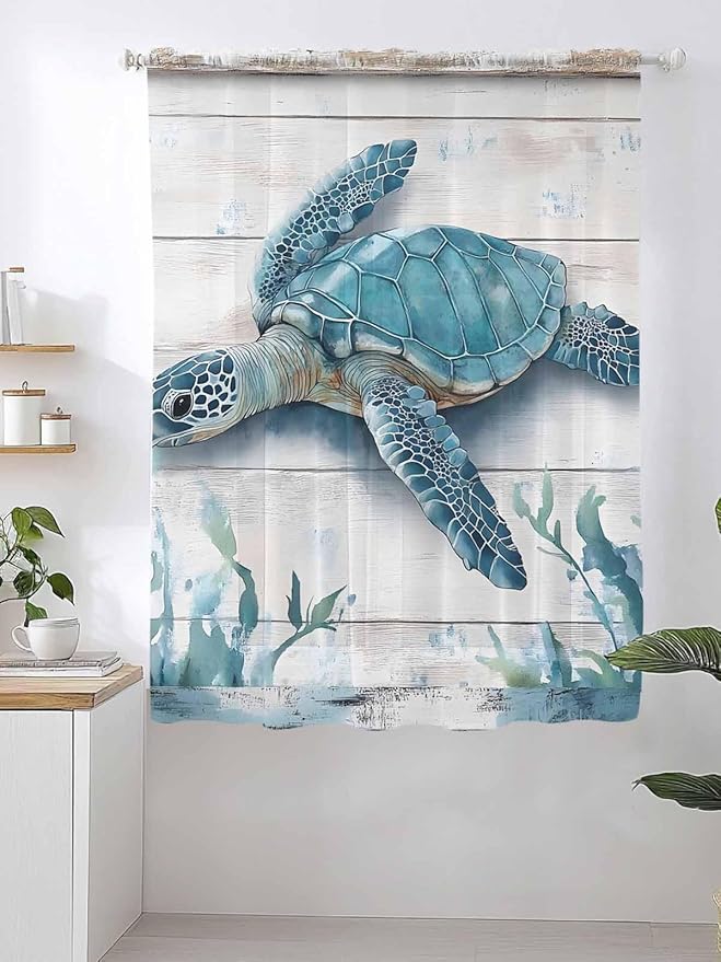 Sheer Curtains 63 Inch Length, Teal Green Sea Turtle Semi Sheer Curtains Light Filtering Window Treatment, Summer Ocean Seaweed Wood Grain Privacy Voile Drapes for Living Room Bedroom 52x63 Inch