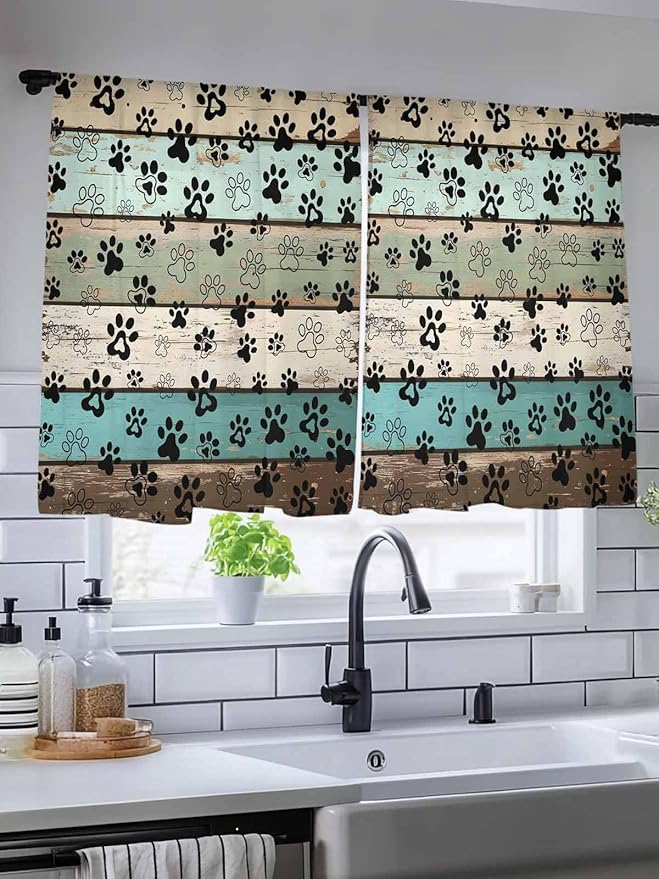 Sheer Curtains 54 Inch Length, Sage Green Brown Paw Prints Semi Sheer Curtains Light Filtering Window Treatment, Vintage Farmhouse Wooden Grain Privacy Voile Drapes for Living Room Bedroom 52x54 Inch