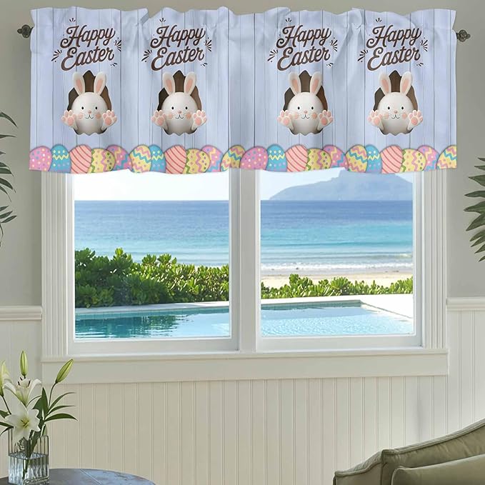 Blue Easter Curtain Valances for Windows, Kitchen Valance Window Treatment, Spring Cartoon Bunny Colorful Eggs Wood Grain Light Filtering Block Curtains for Bathroom/Bedroom/Living Room 54'' x 18''