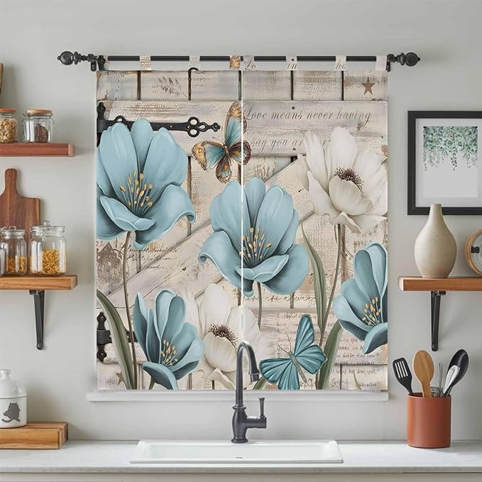 Teal Blue Tulips Bathroom Curtains 63 Inch Length, Window Curtains Tab Top, Spring Floral Barn Doors Vintage Wood Beige Light Filtering Window Treatments Drapes 52"x63" 2 Panel
