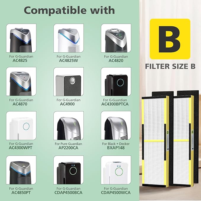 FLT4825 HEPA Filter B Replacement - Compatible with Guardian Air Purifier AC4825 AC4300 AC4800 AC4900 AC4850, 4 Pack Pet-Friendly HEPA with 6 Pre-Filters for Homes, Offices, and Pet Owners