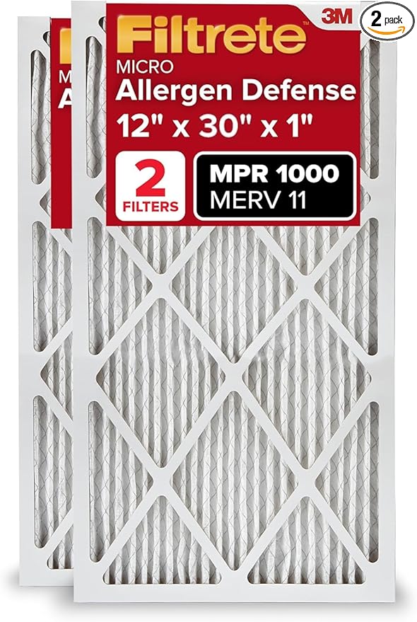 Filtrete 12x30x1 AC Furnace Air Filter, MERV 11, MPR 1000, Micro Allergen Defense, 3-Month Pleated 1-Inch Electrostatic Air Cleaning Filter, 2 Pack (Actual Size 11.81 x 29.81 x 0.81 in)