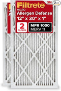 Filtrete 12x30x1 AC Furnace Air Filter, MERV 11, MPR 1000, Micro Allergen Defense, 3-Month Pleated 1-Inch Electrostatic Air Cleaning Filter, 2 Pack (Actual Size 11.81 x 29.81 x 0.81 in)