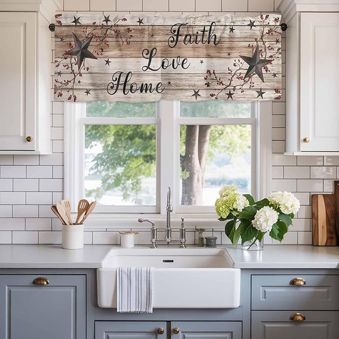 Rustic Star Brown Curtain Valances for Windows, Kitchen Valance Window Treatment, Vintage Plants Berry Wooden Grain Light Filtering Block Curtains for Bathroom/Bedroom/Living Room 54'' x 18''