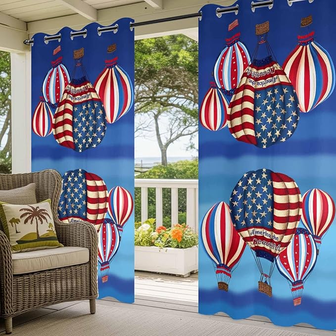 Independence Day Waterproof Outdoor Curtains for Patio, Windproof Weatherproof Curtains with Weighted Hem, Hot Air Balloon Patriotic Star Light Filtering Privacy Drapes for Porch 54"x 108"