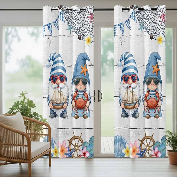 Ocean Gnome Outdoor Curtains for Patio Summer Marine Plumeria Shell Wooden Waterproof Outside Curtains with Grommet Top Weatherproof Curtain for Cabana Pergola Gazebo, 2 Pack, 54" W x 95" L