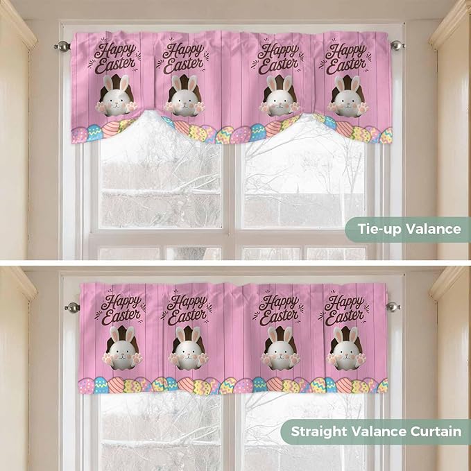 Pink Easter Tie Up Valance Curtains for Windows,Kitchen Curtains Window Shades,Easter Bunny Eggs Spring Cartoon Farmhouse Wood Grain Light Filtering Curtain Valances for Bedroom/Bathroom/Cafe 42"x12"