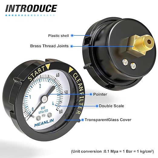 MEANLIN MEASURE 0~60Psi 1/4" NPT Start and Clean Filter Pressure Gauge, Suitable for Swimming Pool, Spa, Aquarium, Center Back Mount(Pack of 2), with 1/2" NPT and 3/8" NPT Hex Bushing
