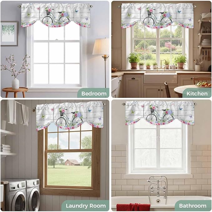 Spring Tie Up Valance Curtains for Windows, Kitchen Curtains Window Shades, Bicycles Botanical Rose Leaves Butterfly Wood Grain Light Filtering Roman Curtain Valances for Bedroom/Bathroom/Cafe 42"x18"