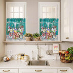 Spring Flowers Kitchen Curtain Set, Farmhouse Watercolor Teal Wood Grain Window Valance and Tiers 36" Length, Light Filtering Short Curtains Valance for Cafe Bathroom Bedroom 54"x18"