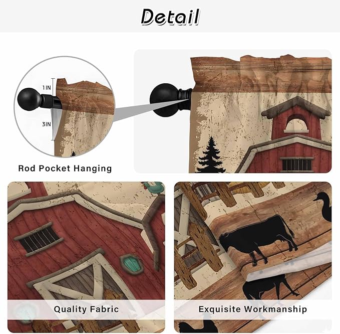 Brown Farmhouse Kitchen Curtains, Vintage Country Animals Wooden Grain Light Filtering Window Curtain Panels, 2Pcs Rod Pocket Window Treatments Set for RV Dining Room Study Room 42x45 Inches