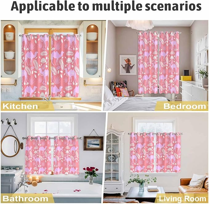 2 Panel Kitchen Cafe Curtains, Desert Camel Sunlight Filtering Nature Air Through, Window Decor Tier Curtains for Living Room 104W x 63L inch Vintage Sand Camel Leaves Flower Pattern Pink
