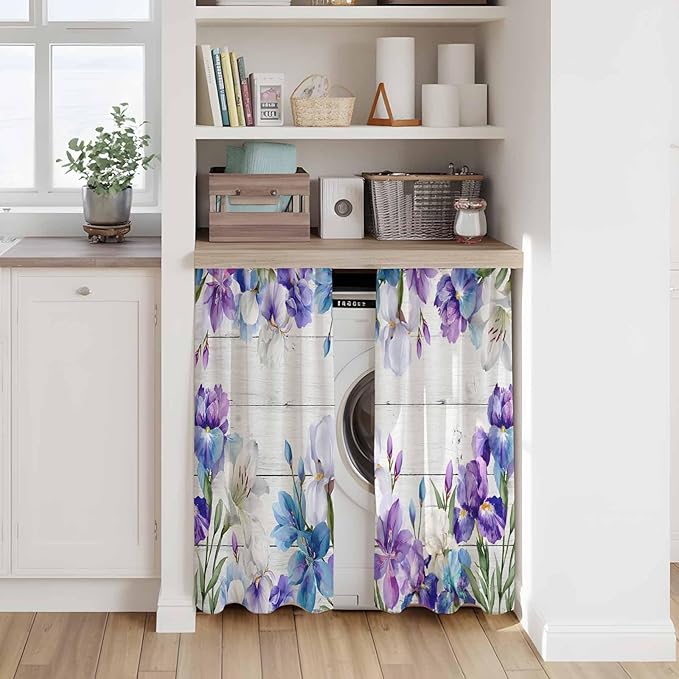 Spring Flowers Kitchen Curtains, Watercolor Garden Florals Wooden Grain Light Filtering Window Curtain Panels, 2Pcs Rod Pocket Window Treatments Set for Cabin Bathroom Bedroom 52x45 Inches