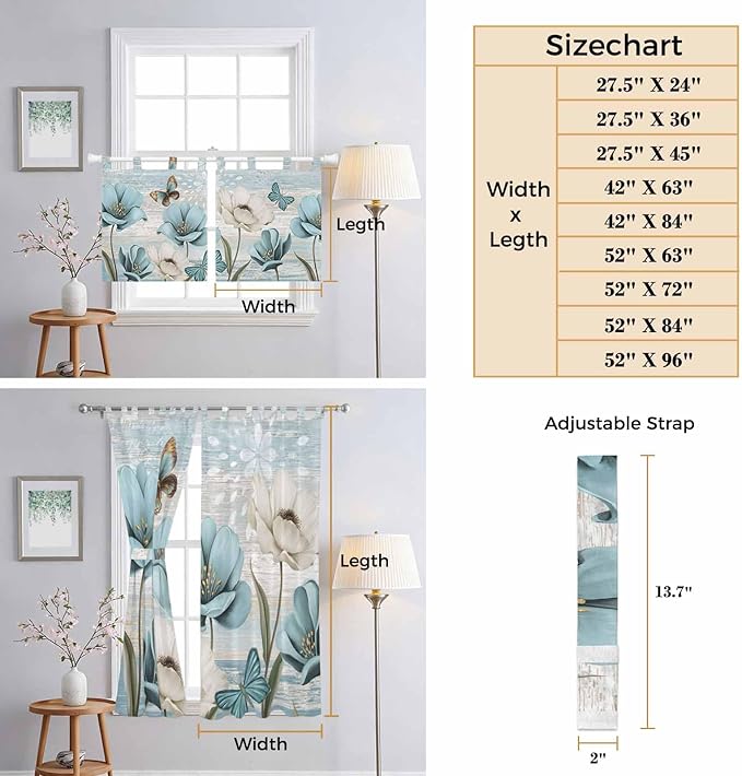 Spring Floral Living Room Curtains 84 Inch Length, Window Curtains Tab Top, Vintage Tulips Flower Butterfly Retro Wood Blue Light Filtering Window Treatments Drapes 42"x84" 2 Panel