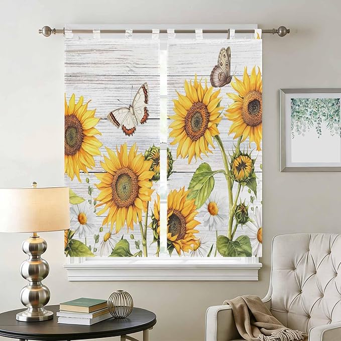 Yellow Sunflowers Bathroom Curtains 63 Inch Length, Window Curtains Tab Top, Vintage Country Flowers Butterfly Wood Board Light Filtering Window Treatments Drapes 52"x63" 2 Panel