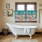Spring Flowers Tier Curtains, Farmhouse Watercolor Teal Wood Grain Light Filtering Kitchen Curtains, 2Pcs Rod Pocket Half Window Treatments Panels for Sink Cafe Cabinet Camper 27.5x24 Inches