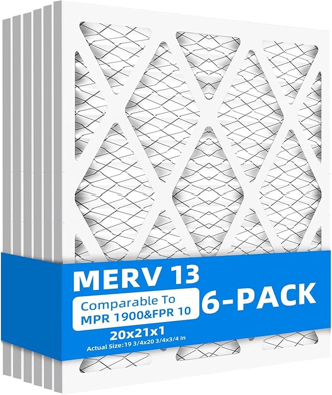(6 Pack) 20x21x1 Air Filter, MPR 1900 & FPR 10, MERV 13 Pleated Air Filter (Actual Size: 19.75x20.75x0.75 inch)