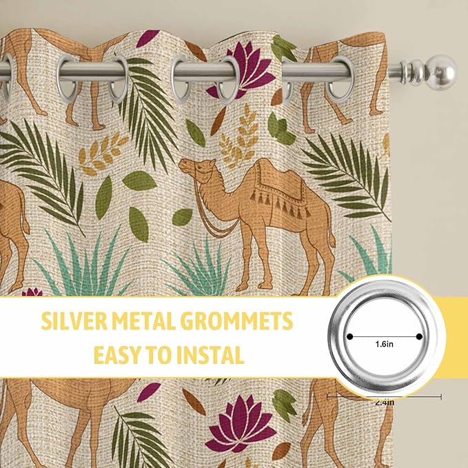 2 Panel Kitchen Cafe Curtains, Desert Camels Sunlight Filtering Nature Air Through, Home Decor Window Covering Tier Curtains for Living Room 80W x 84L inch Vintage Sand Animals Aloe Vera Leaves Beige