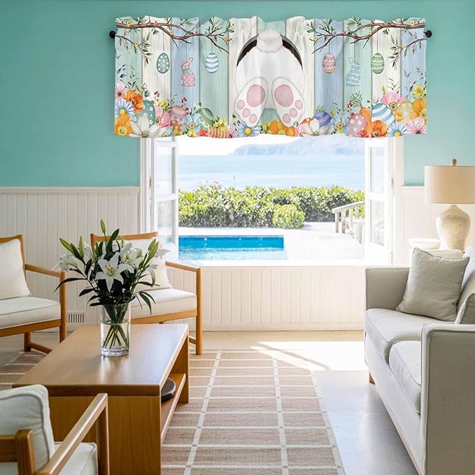Easter Curtain Valances for Windows, Kitchen Valance Window Treatment, Spring Watercolor Bunny Eggs Wood Grain Teal Blue Light Filtering Block Curtains for Bathroom/Bedroom/Living Room 54'' x 18''