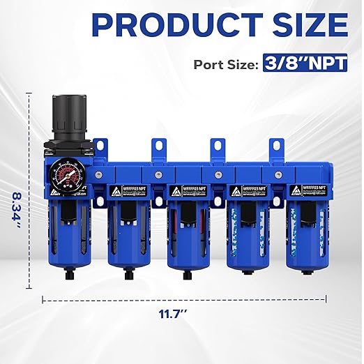 3/8'' NPT 5 Stage Air Drying System,5 &0.5 &0.01 Micron Filter Cartridge,Double Desiccant Dryers & Air Regulator,Metal Bowl, Semi-Auto Drain,Industrial Grade-Blue