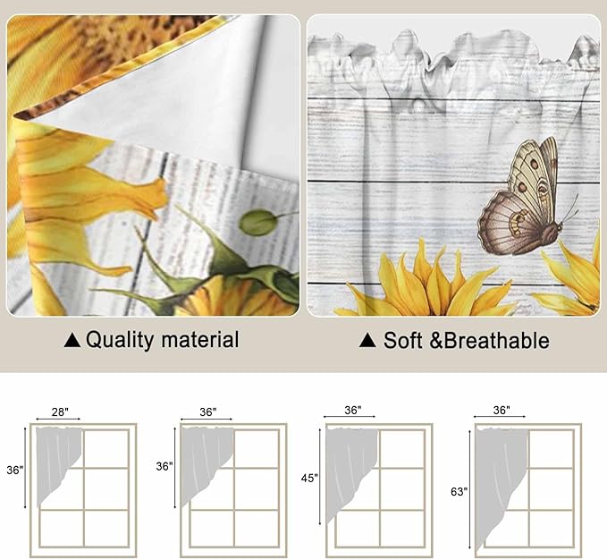 Yellow Sunflowers Swag Valances for Windows, Vintage Country Flowers Butterfly Wood Board Rod Pocket Kitchen Curtains Valance, Kitchen Window Curtains Swag for Cafe Living Room, 2 Panels, 36x63 inch