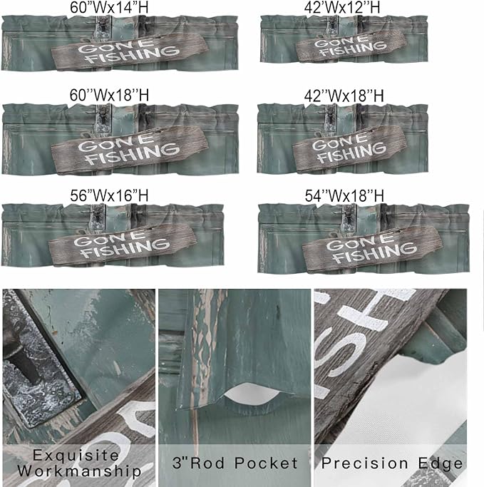 Gone Fishing Valances for Windows, Bronze Wood Grain Kitchen Valance Light Filtering Rod Pocket Short Curtains for Kitchen Bathroom, 1 Panel, 42"x18"