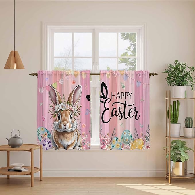 Easter Kitchen Curtains, Spring Rabbit Eggs Flowers Flags Leaves Wood Grain Light Filtering Window Curtain Panels, 2Pcs Rod Pocket Window Treatments Set for Study Room Bathroom Bedroom 52x54 Inches