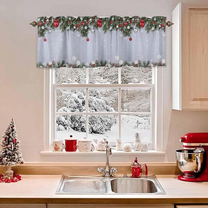 Christmas Curtain Valances for Windows, Kitchen Valance Window Treatment, Winter Xmas Balls Pine Branches Wooden Grain Light Filtering Block Curtains for Bathroom/Bedroom/Living Room 54'' x 18''
