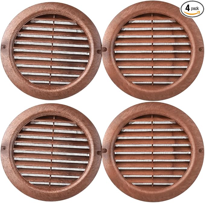 VENTS-US - 4" Brown Round Plastic Vent Cover with Built-in Insect Screen Mesh for Air Supply or Exhaust Air Applications - Compatible with 4 Inch Diameter Ducts (4-Pack)