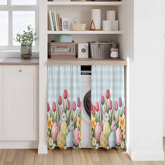 Easter Kitchen Curtains 45 Inch Long 2 Panel Set,Rod Pocket Window Treatment,Spring Bunny Colorful Eggs Tulip Flowers Blue Check Light Filtering Short Curtains & Drapes Laundry 52"W x 45"L