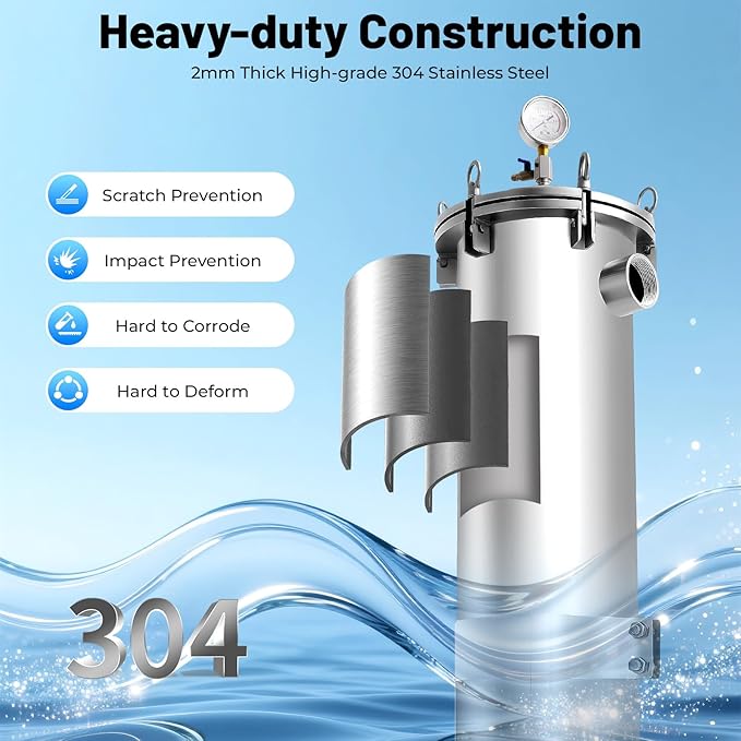 2" NPT Fluid Filter, 304 Stainless Steel - 2 Bag Filter Housing, 150PSL High Pressure Filtration System, 40t/h High Pressure Filter Available for Whole House