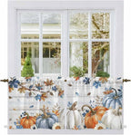 Thanksgiving Pumpkin Kitchen Tier Curtains 24 Inch Long 2 Panel Set,Rod Pocket Cafe Small Window Curtains Over Sink,Fall Maple Leaf Daisy Wooden Grain Short Drapes for Bathroom Cabinet 27.5"W x 24"L