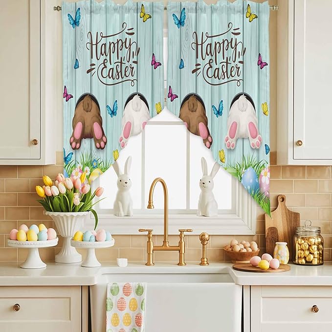 Swag Curtain Valances for Kitchen Windows,Happy Easter Bunny Butt Egg Floral Short Rod Pocket Window Valance,Spring Plant on Aqua Wood Swag Topper for Bedroom Living Room,2 Panels 36x36in