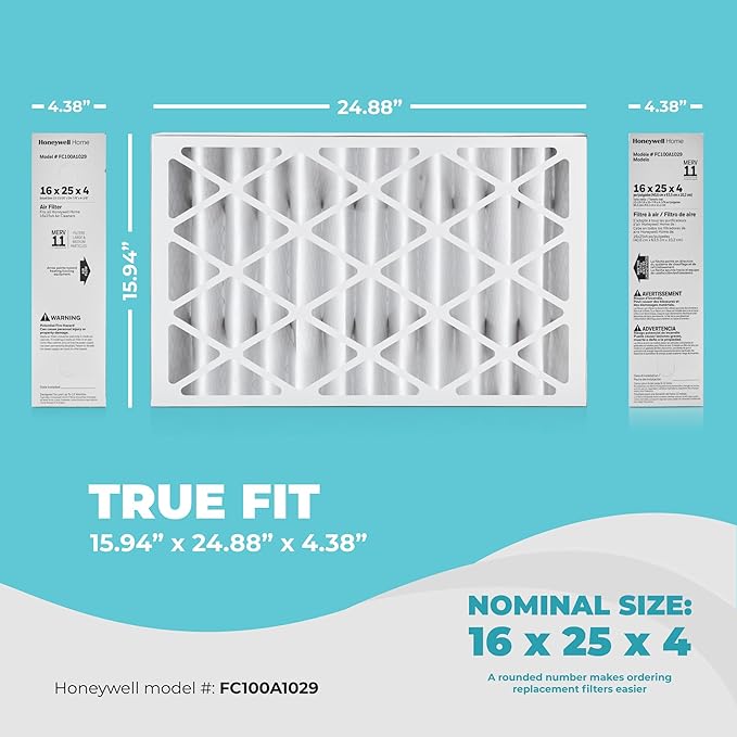 16x25x4 Air Filter Replacement MERV 11, FC100A1029 Pleated HVAC AC Furnace Filters with Wholesalehome Cleaning Cloth, 5-Pack (Actual Size: 15.94 x 24.86 x 4.38 Inches)