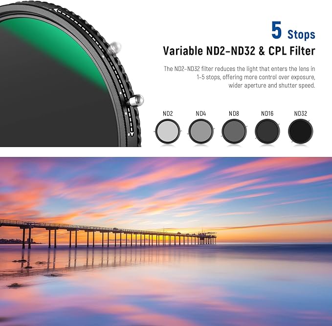 NEEWER 2 in 1 43mm Variable ND Filter ND2–ND32&CPL Filter(Circular Polarizer Filter) No X Cross/30 Layer Nano Coated/HD Optical Glass/Ultra Slim Aluminum Alloy Frame/Water Repellent/Scratch Resistant