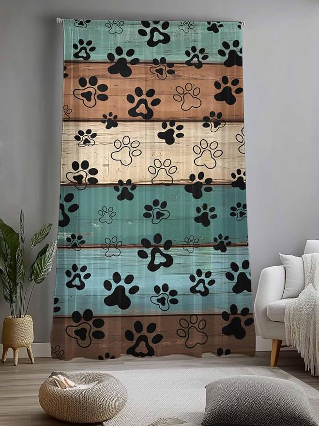 Sheer Curtains 96 Inches Long, Green Brown Paw Print Semi Sheer Curtains Light Filtering Window Treatment, Vintage Farmhouse Country Wooden Grain Privacy Voile Drapes for Living Room 52x96 Inch