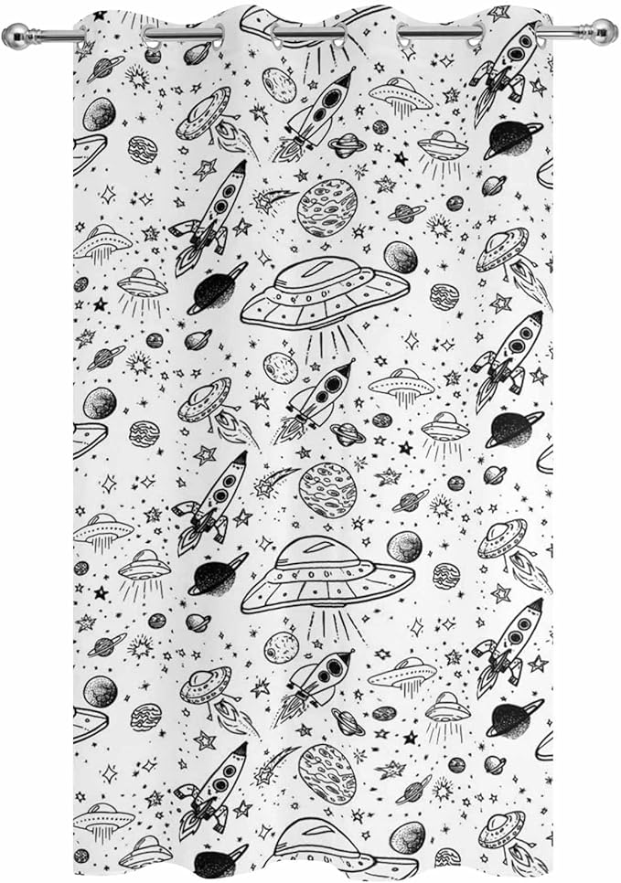 Cartoon Space Outdoor Curtains for Patio Rockets Astronauts Planets Black Waterproof Outside Curtains with Grommet Top Weatherproof Curtain for Cabana Pergola Gazebo, 1 Panel, 54" W x 95" L