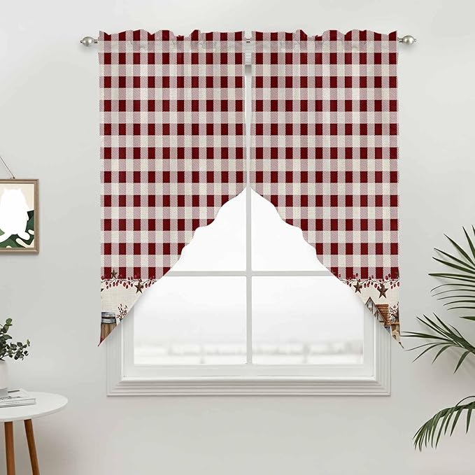 Swag Curtain Valances for Kitchen Windows,Farm Barn Western Star on Vintage Short Rod Pocket Window Valance,Red Buffalo Plaid Swag Topper for Bedroom Living Room,2 Panels 28x36in