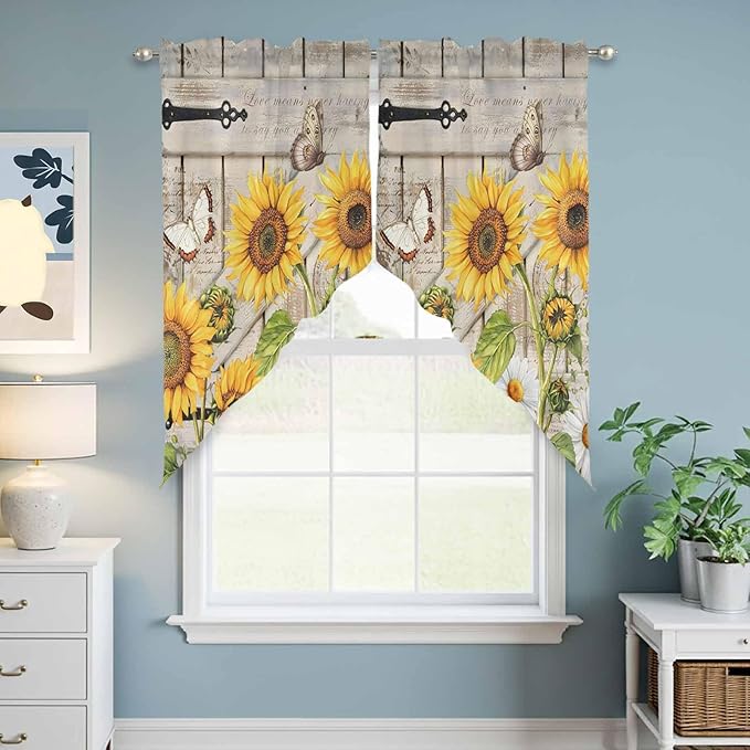 Farm Flowers Swag Valances for Windows, Retro Sunflowers Barn Doors Butterfly Wood Board Rod Pocket Kitchen Curtains Valance, Kitchen Window Curtains Swag for Cafe Living Room, 2 Panels, 36x45 inch