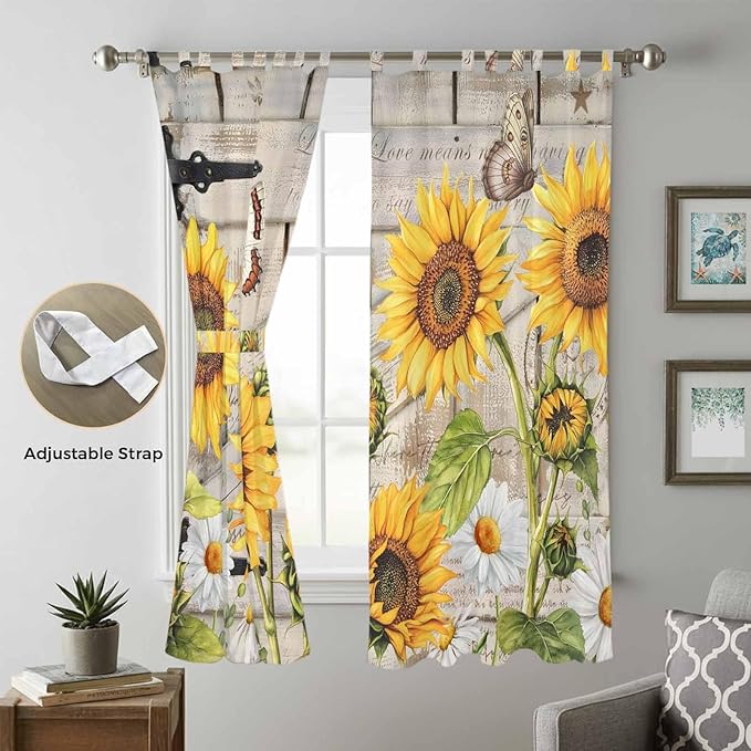 Farm Flowers Living Room Curtains 96 Inch Length, Window Curtains Tab Top, Retro Sunflowers Barn Doors Butterfly Wood Board Light Filtering Window Treatments Drapes 52"x96" 2 Panel