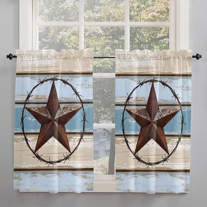 Vintage Western Star on Wood Grain Window Valance Curtains, Retro Wooden Texture Light Filtering Kitchen Valance with 3-inch Rod Pocket for Living Room Bathroom Bedroom,2 Panel,52x45In