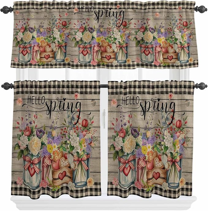 Spring Flowers Kitchen Curtain Set, Farmhouse Vintage Black Plaid Wood Grain Window Valance and Tiers 36" Length, Light Filtering Short Curtains Valance for Cafe Bathroom Bedroom 54"x18"