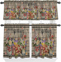 Spring Flowers Kitchen Curtain Set, Farmhouse Vintage Black Plaid Wood Grain Window Valance and Tiers 36" Length, Light Filtering Short Curtains Valance for Cafe Bathroom Bedroom 54"x18"